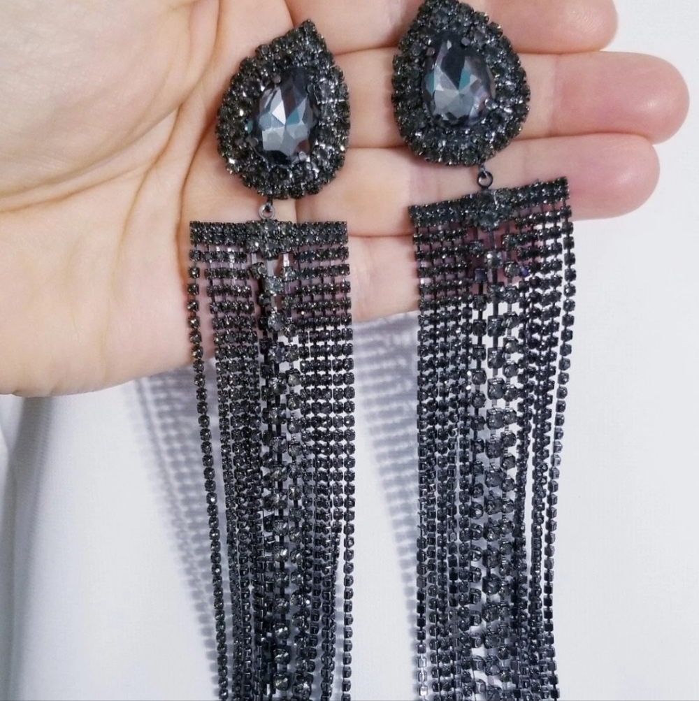 Elegant Black Chandelier Crystal Tassel Earrings